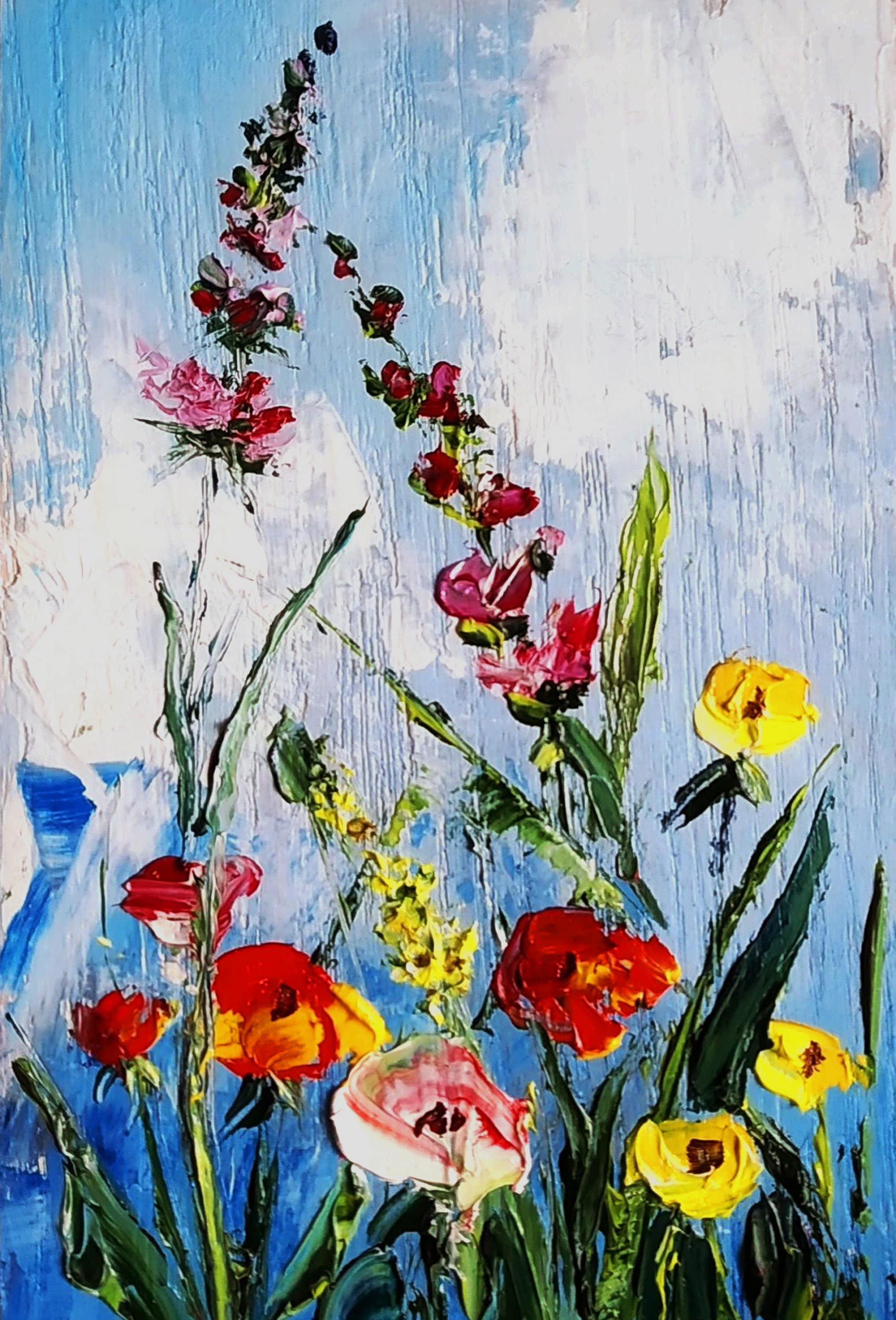 Floral small original oil painting, wildflowers impasto oil painting, blue sky artwork, poppy fine art, meadow wall art, kitchen wall art