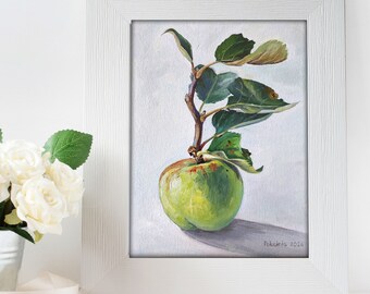 小さな油絵、オリジナルアート作品、リンゴの油絵、果物の静物油絵