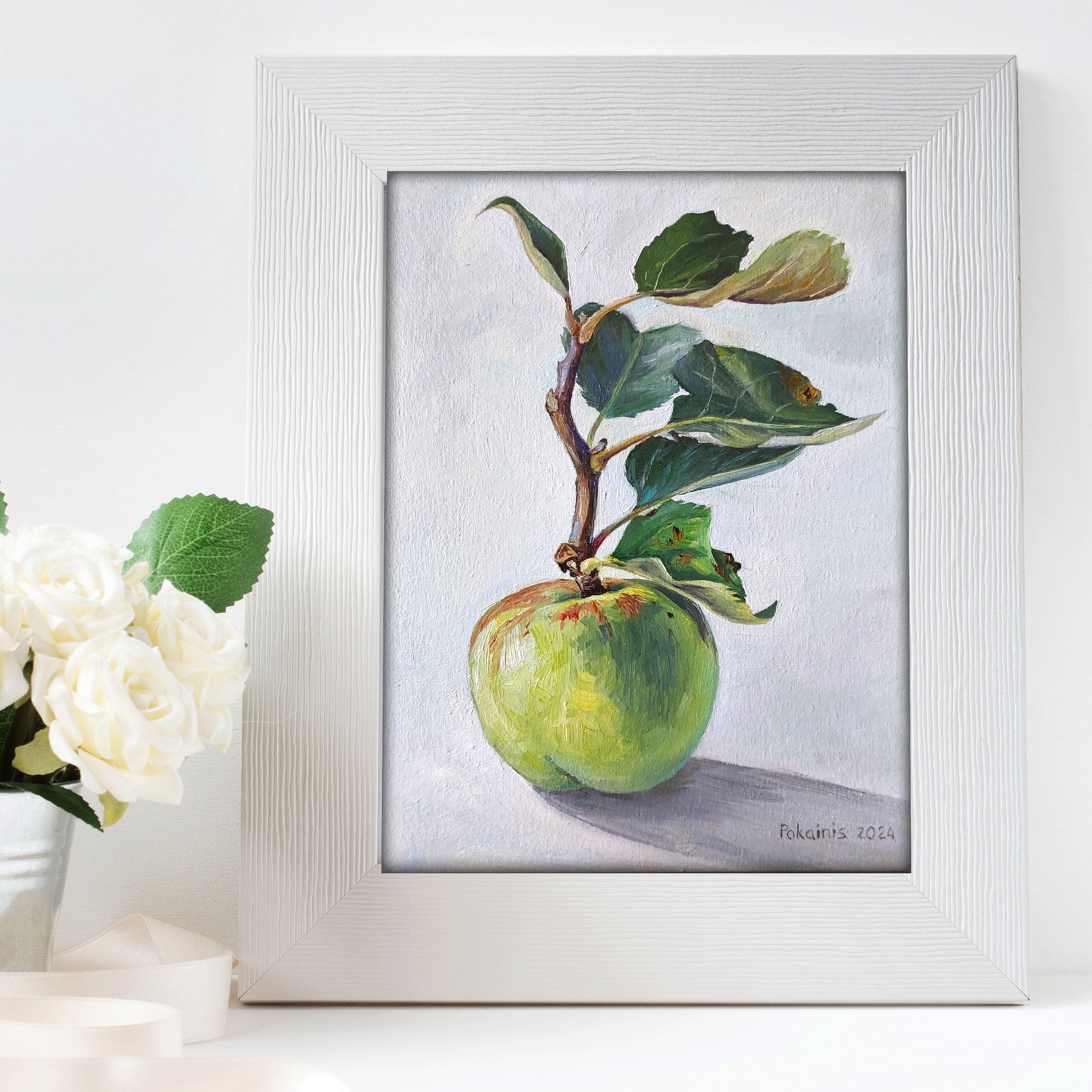 小さな油絵、オリジナルアート作品、リンゴの油絵、果物の静物油絵