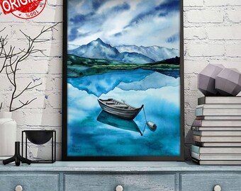 山の湖の風景を描いたオリジナル水彩画、ボート風景画 - Etsy 日本