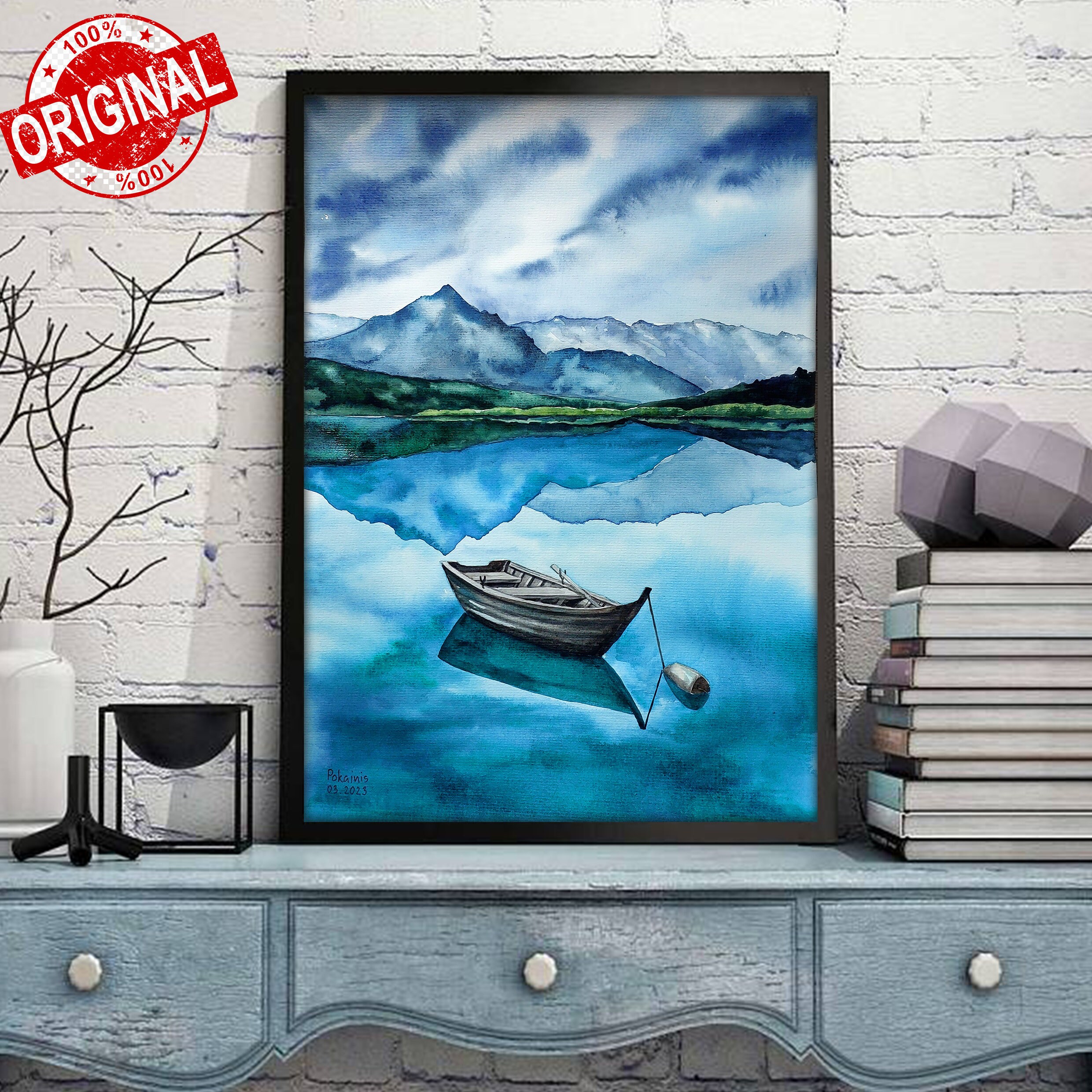 山の湖の風景を描いたオリジナル水彩画、ボート風景画 - Etsy 日本