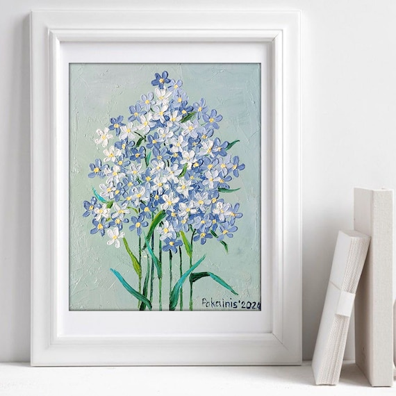 ワスレナグサの油絵、オリジナル作品の厚塗り油絵、野の花の壁掛け