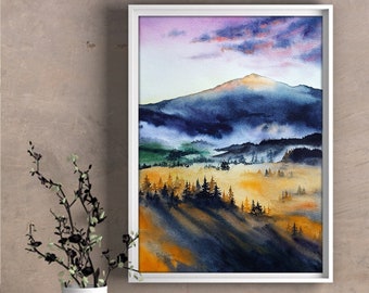 絵画　【山々の水に満たされ貯まりゆく】 オリジナルの水彩画の霧の森の絵画、夕日の山のアートワーク、魅惑の森