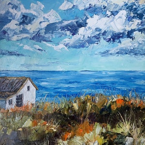Peinture à l'huile originale de paysage marin, peinture à l'huile de maison de plage d'empâtements, décoration de maison de plage, art de mur côtier, peinture d'oeuvre d'art de paysage de photo
