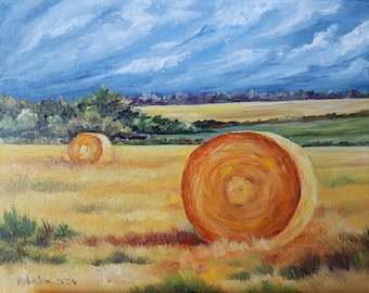ORIGINAL oil painting, landscape painting, hay bales painting, farmhouse wall art, meadow painting, countryside painting, colorful wall art