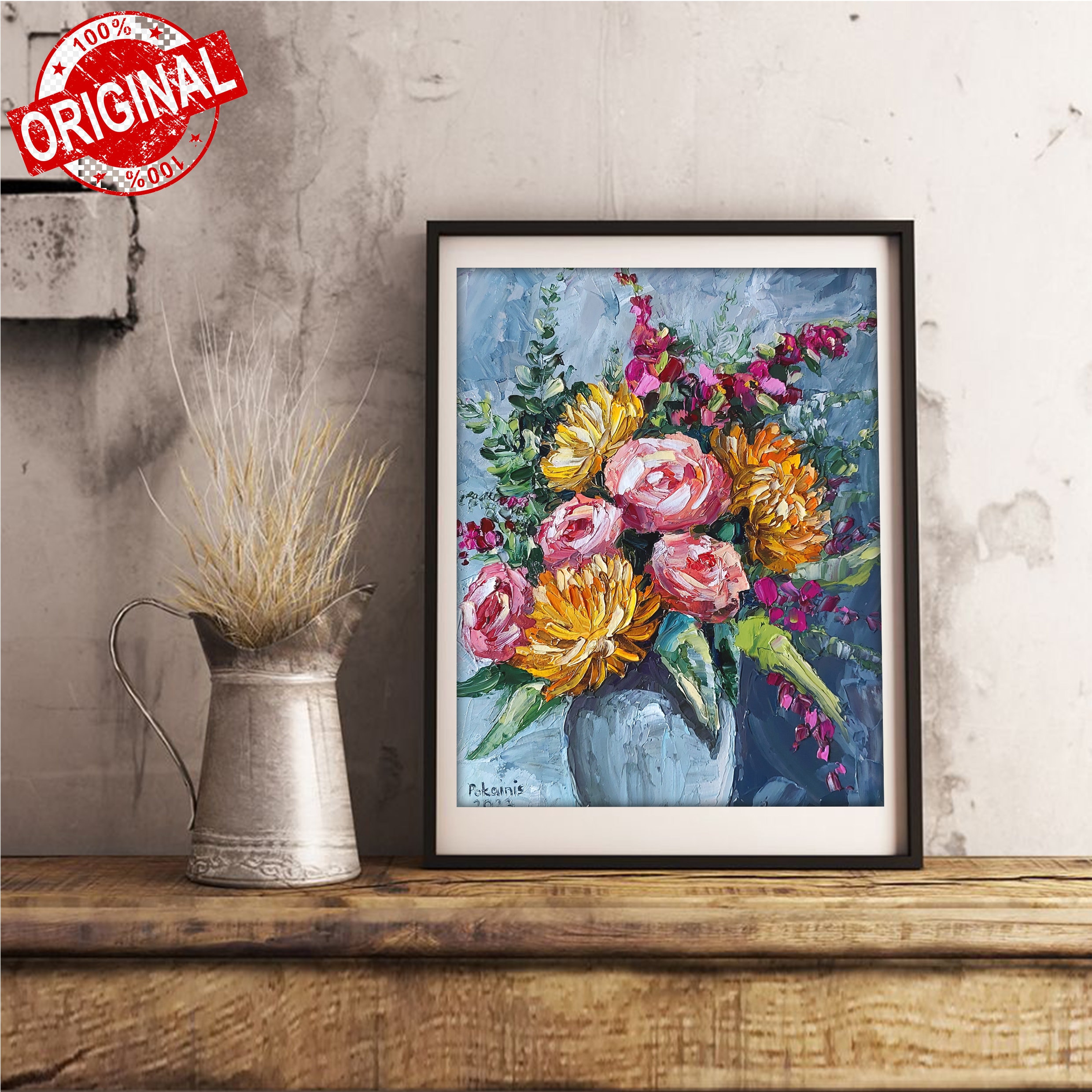 花のオリジナル油絵、バラの花の静物画の壁アート、花束の厚塗り油絵