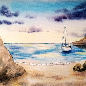 Original Seascape Watercolor Painting, Boat Wall Art, Coastal Artwork (12x16 inches)