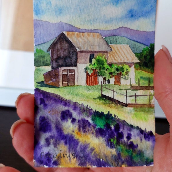 ACEO watercolor painting, original art, landscape painting, 2,5*3,5 inches small painting, lavender wall art, lavender field artwork