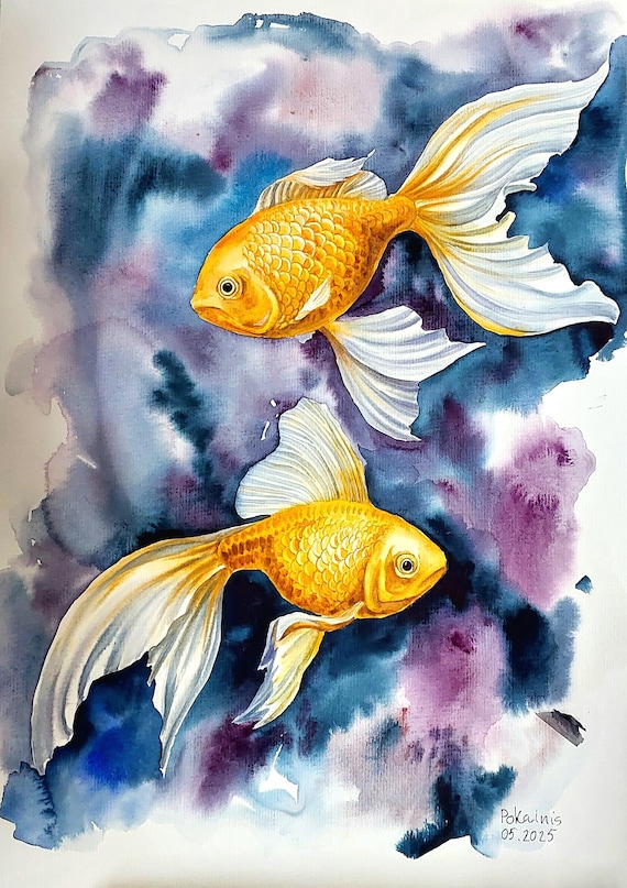 オリジナル水彩画、金魚の絵、禅の壁アート、オレンジ色の壁アート
