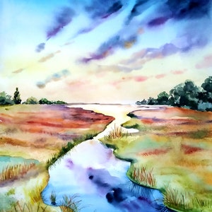 Landscape original watercolor painting, landscape artwork, painting from photo, river wall art, lake house decor, custom watercolor painting