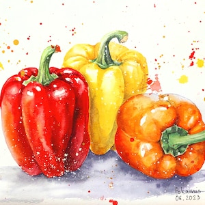 Three peppers original watercolor painting, vegetable wall art, still life painting, kitchen fine art, ukrainian painting, kitchen artwork