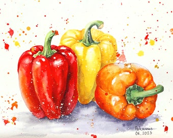 3つのピーマンのオリジナル水彩画、野菜の壁アート、静物画、キッチン