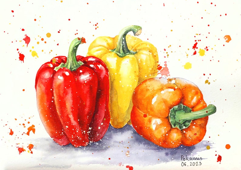 May include: Three bell peppers, one red, one yellow, and one orange, are arranged on a white background with red and yellow paint splatters. The peppers are all whole and have their stems intact.