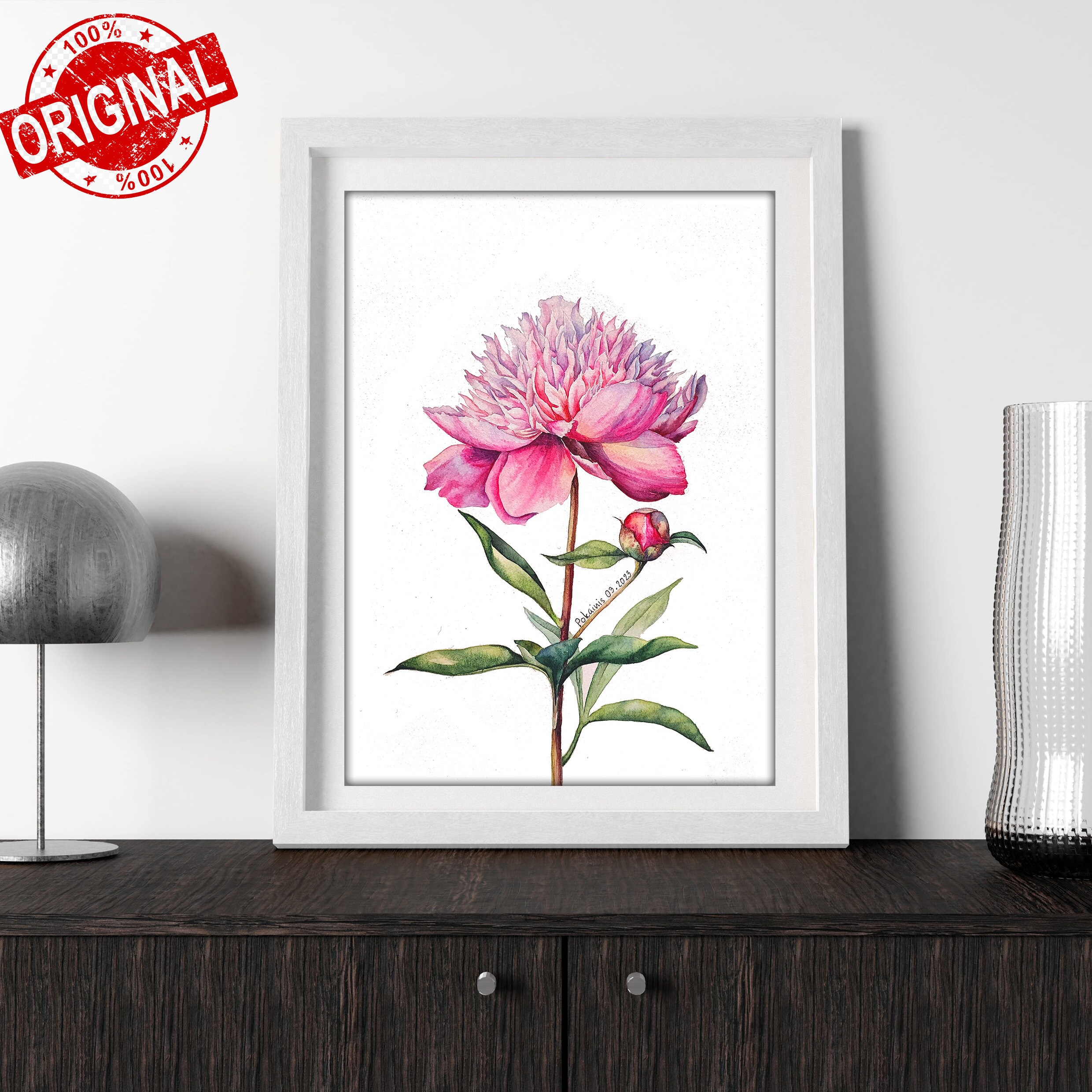 オリジナルの水彩画、ピンクの牡丹、植物画、花の静物画 - Etsy 日本