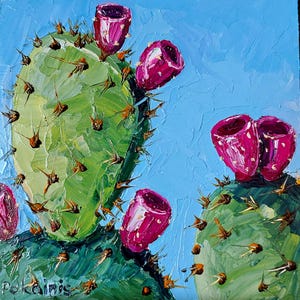 Original cactus small oil painting, succulent wall art, 6x6 wall tiny oil painting, prickly pear cactus artwork, cactus lover gift