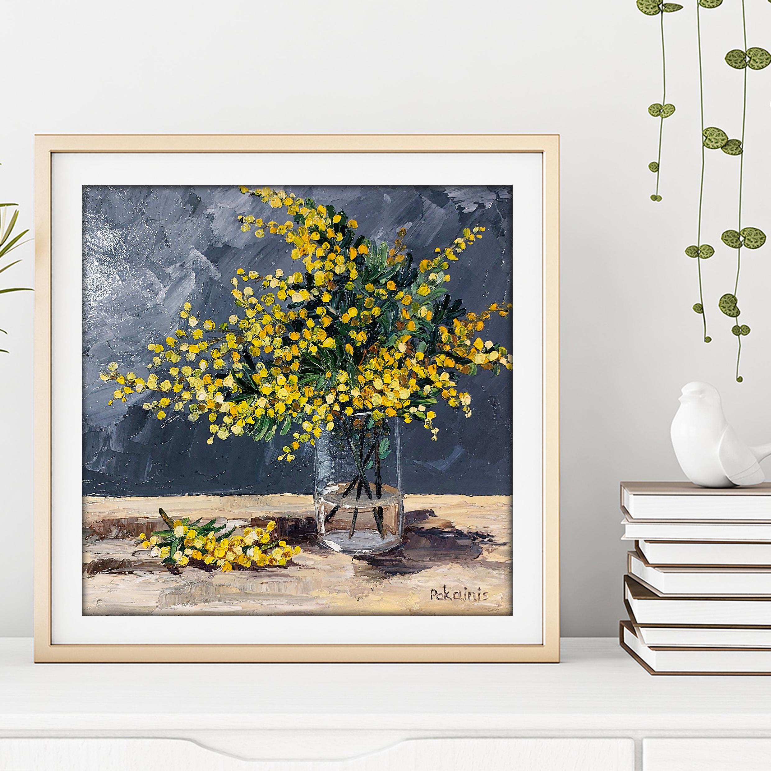 オリジナルの厚塗り油絵、花の静物画、植物のアートワーク、ミモザの