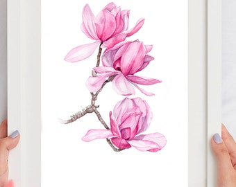 Impression magnolia, impression aquarelle, oeuvre d'art botanique, impression fleur de magnolia, art mural magnolia, peinture magnolia, impression aquarelle fleur