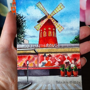 Pintura de acuarela de ACEO, obra de arte original del Moulin Rouge, bellas artes en acuarela de París, Francia, bellas artes del paisaje urbano, pintura pequeña de 3,5 x 5 pulgadas