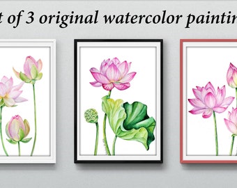 Set of 3 ORIGINAL watercolor paintings, lotus painting, water lily painting, lotus wall art, 3 piece wall art, lotus flower botanical artork