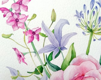オリジナルの水彩画の花瓶の絵画、花の静物画、花束のアート