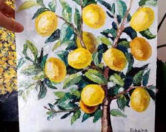 絵画　レモン レモンの木のオリジナル油絵、フルーツの静物画の壁アート、野菜の