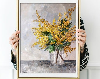 オリジナルの厚塗り油絵、花の静物画、植物のアートワーク、ミモザの