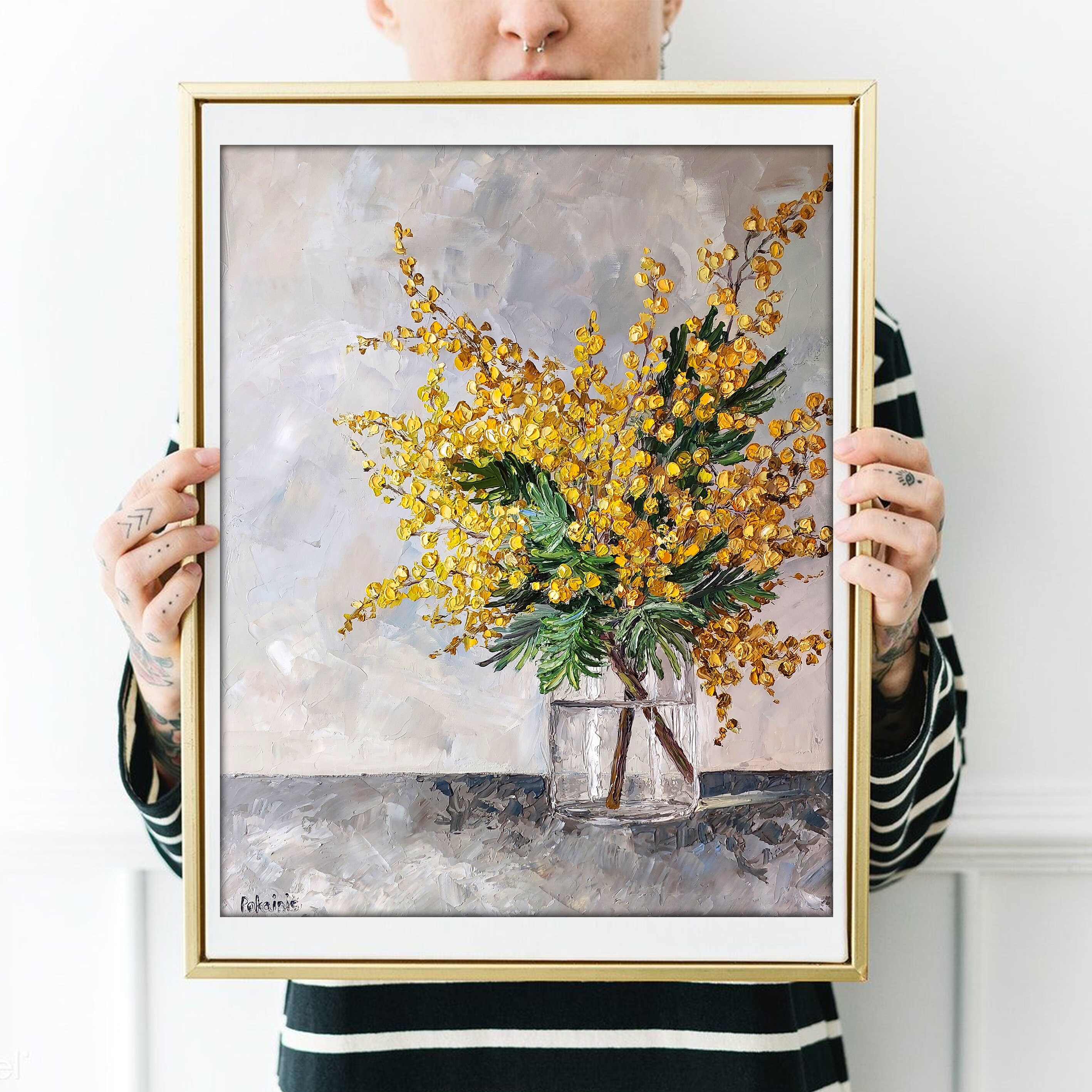 オリジナルの厚塗り油絵、花の静物画、植物のアートワーク、ミモザの