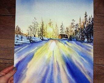 オリジナル冬の夕焼け水彩画、森の風景、16x12 - Etsy 日本