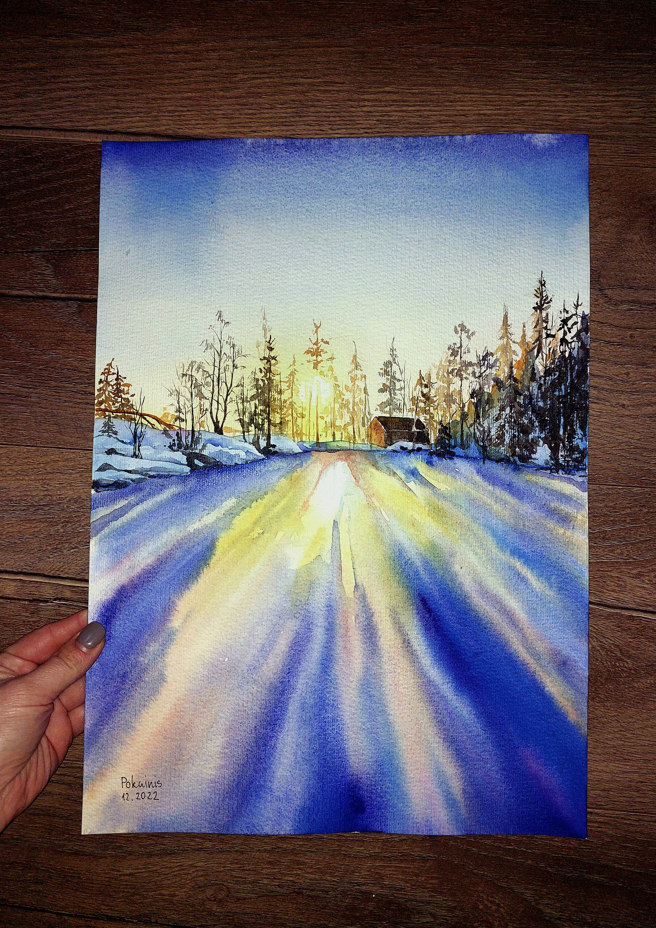 オリジナル冬の夕焼け水彩画、森の風景、16x12 - Etsy 日本