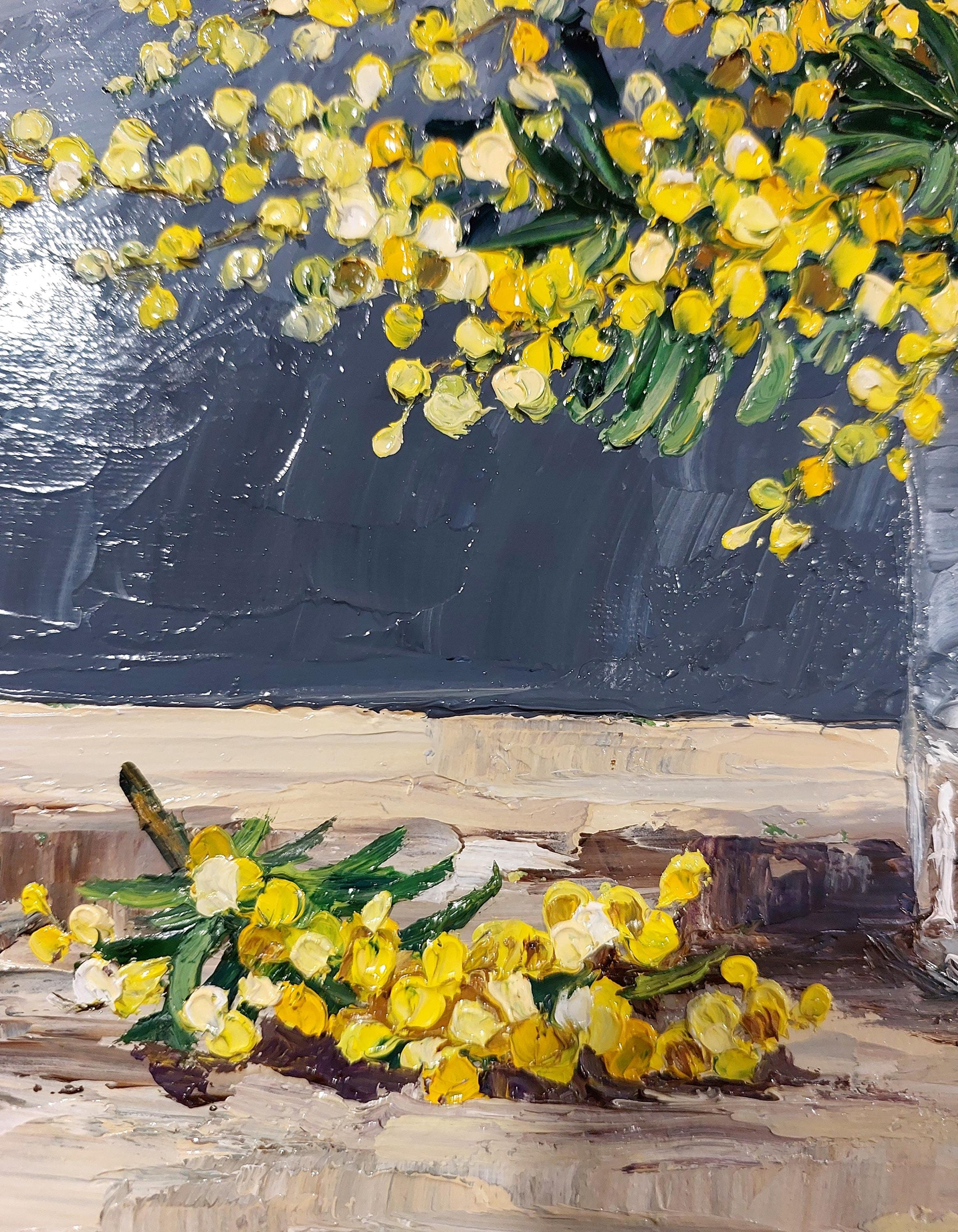 オリジナルの厚塗り油絵、花の静物画、植物のアートワーク、ミモザの