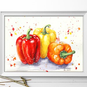 May include: Watercolor painting of three bell peppers, one red, one yellow, and one orange, on a white background with yellow and red watercolor splatters. The painting is signed "Pokanna" and dated "06. 2023".