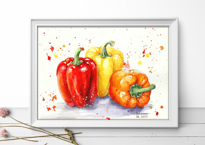 May include: Watercolor painting of three bell peppers, one red, one yellow, and one orange, on a white background with yellow and red watercolor splatters. The painting is signed "Pokanna" and dated "06. 2023".