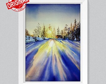 オリジナル冬の夕焼け水彩画、森の風景、16x12 - Etsy 日本