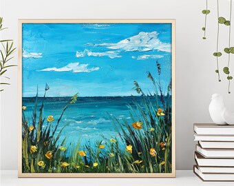 小さなオリジナル油絵、風景壁アート、海景アート、ビーチ壁