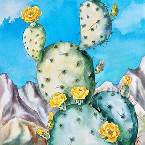 Dipinto ad acquerello di cactus, dipinto originale, arte murale di piante grasse, arte murale di cactus, fico d'india, dipinto di paesaggio, arte botanica
