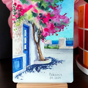 ACEO acquerello dipinto opera d'arte originale, santorini grecia arte murale, pittura di paesaggio, 4*6 pollici piccolo dipinto, pittura di paesaggio urbano