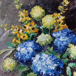 Floral still life original oil painting, blue hydrangea fine art, floral in vase wall art, impasto oil painting, flower art, kitchen artwork