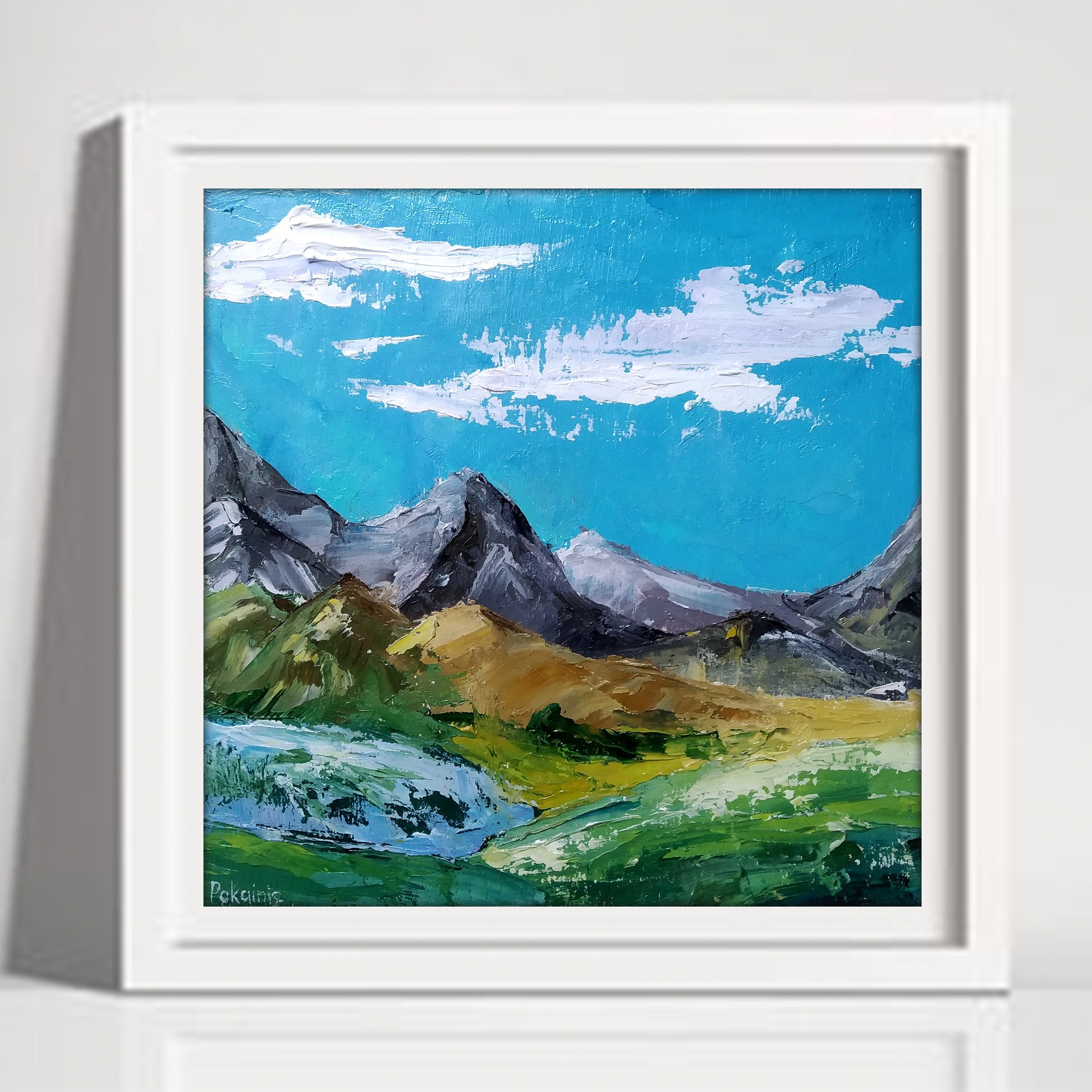 【人気商品！】 オリジナルの山の風景油絵、山の壁アート、小さな厚塗りの油絵 絵画