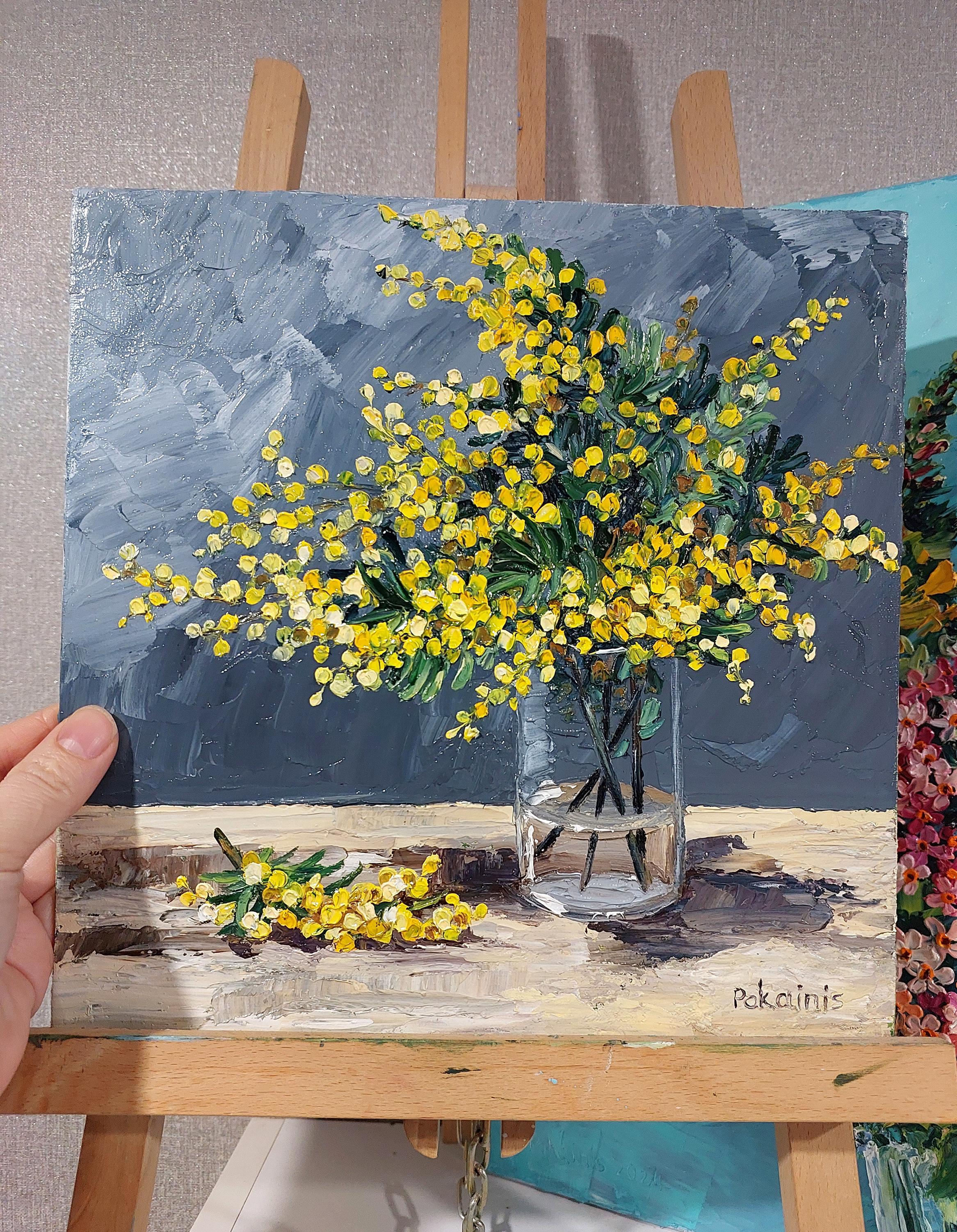 オリジナルの厚塗り油絵、花の静物画、植物のアートワーク、ミモザの