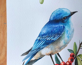 オリジナルの青い鳥の水彩画：枝に止まる鳥、竹紙 - Etsy 日本