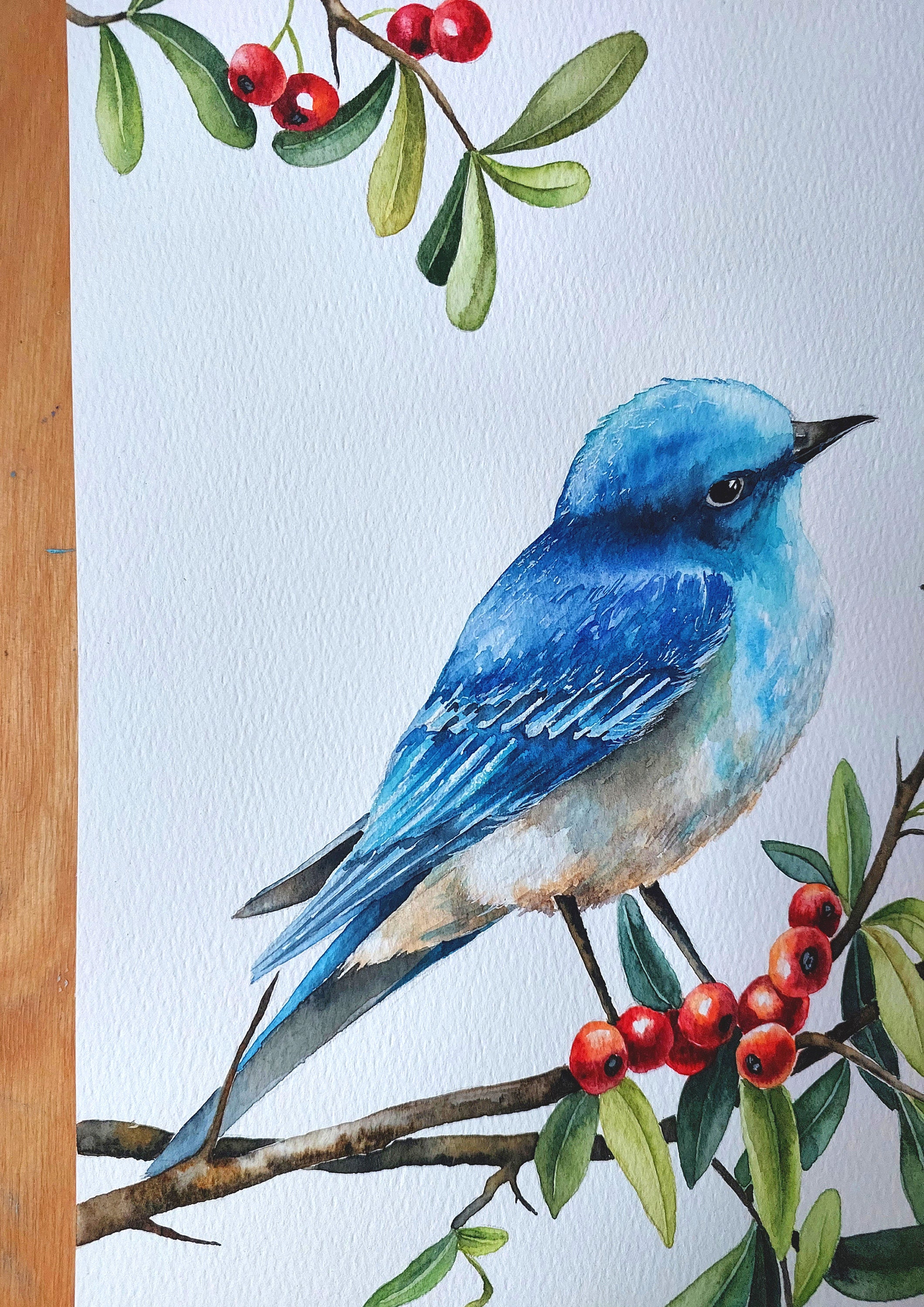 オリジナルの青い鳥の水彩画：枝に止まる鳥、竹紙 - Etsy 日本