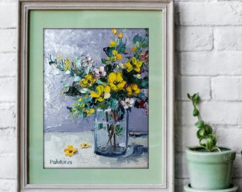 小さなオリジナルの油絵、花の静物画の壁画、植物のアートワーク、花瓶