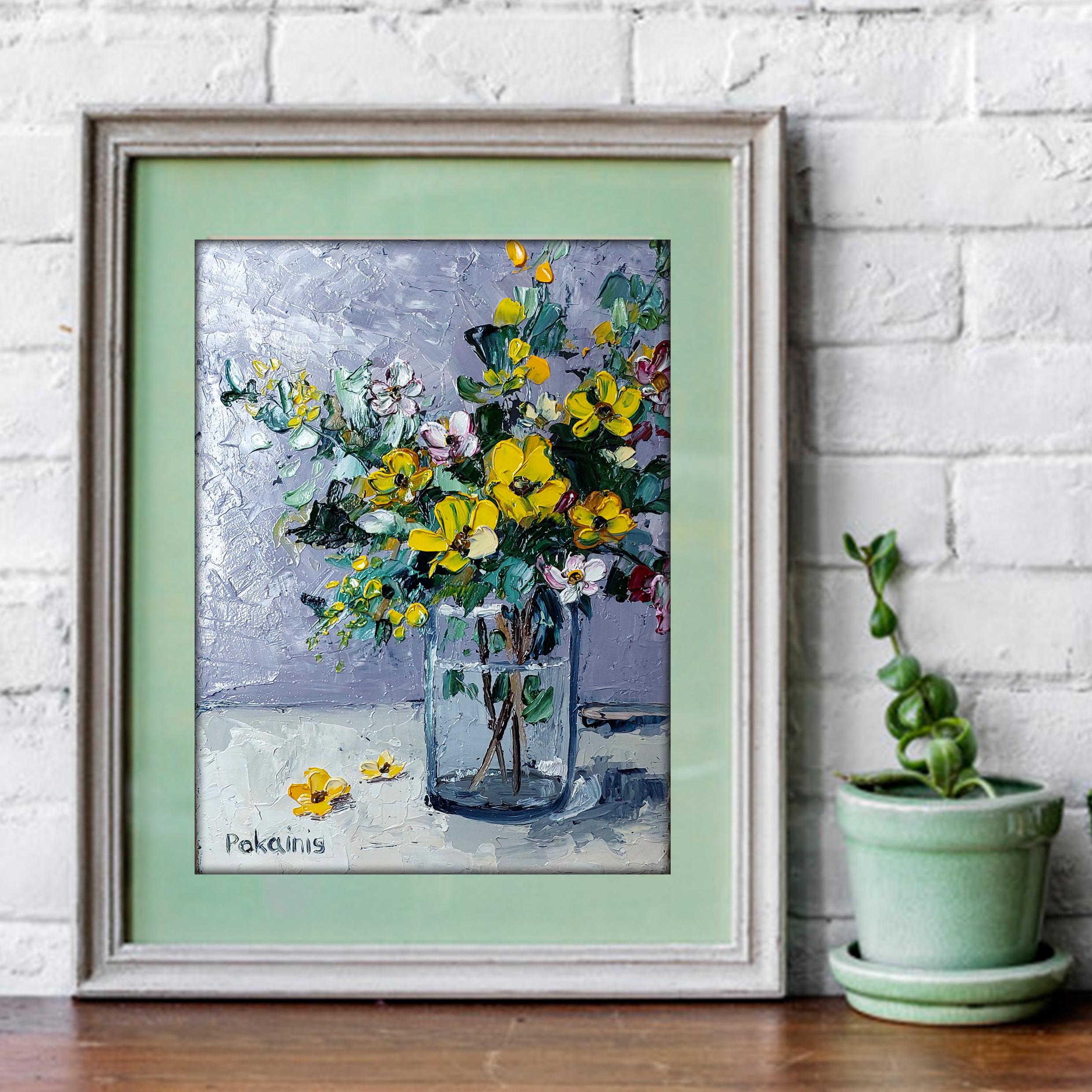 小さなオリジナルの油絵、花の静物画の壁画、植物のアートワーク、花瓶