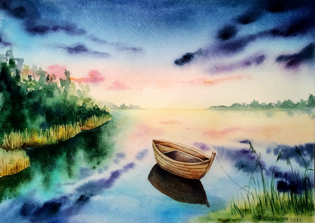 美しい油彩画 湖とボートの風景 ゴッホ油彩画 「湖とボート」キャンバスアート 抽象画 フレーム
