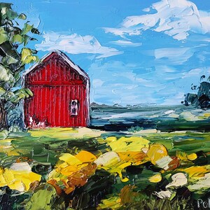 Peinture à l'huile originale de maison rouge, art mural de paysage de campagne, oeuvre d'art d'empâtements, oeuvre d'art de prairie d'été, petite peinture à l'huile, oeuvre d'art de cuisine