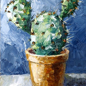 Peinture à l&#39;huile originale de cactus, art mural de cactus de figue de barbarie, oeuvre d&#39;art botanique, art mural succulent, empâtement peinture à l&#39;huile art original de cuisine