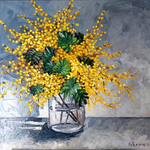 Original impasto oil painting, floral still life, botanical artwork, mimosa oil painting, flowers in vase fine art, kitchen original art