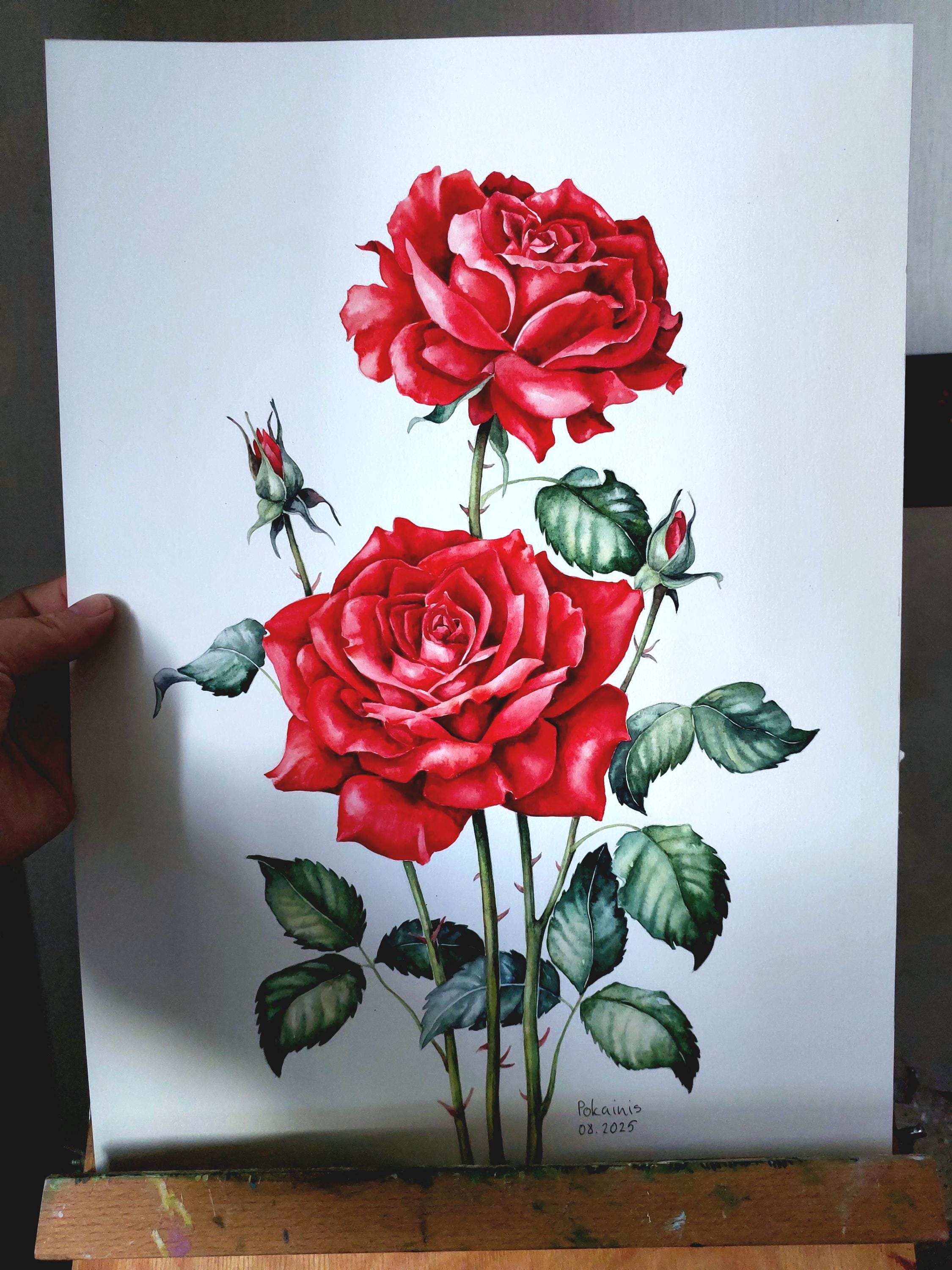 赤いバラのオリジナル水彩画、バラの壁掛けアート、花の静物画、夏の花