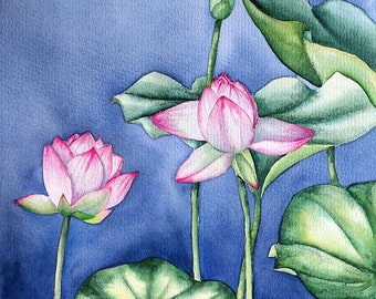 Original Lotus Watercolor Painting, Botanical Wall Art, Floral Fine Art