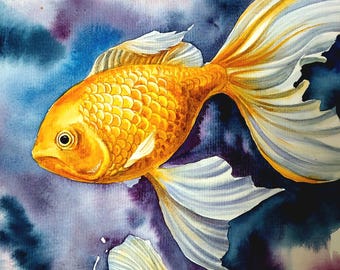 金魚 絵画 水彩画 オリジナル オリジナル水彩画、金魚の絵、禅の壁アート、オレンジ色の壁アート